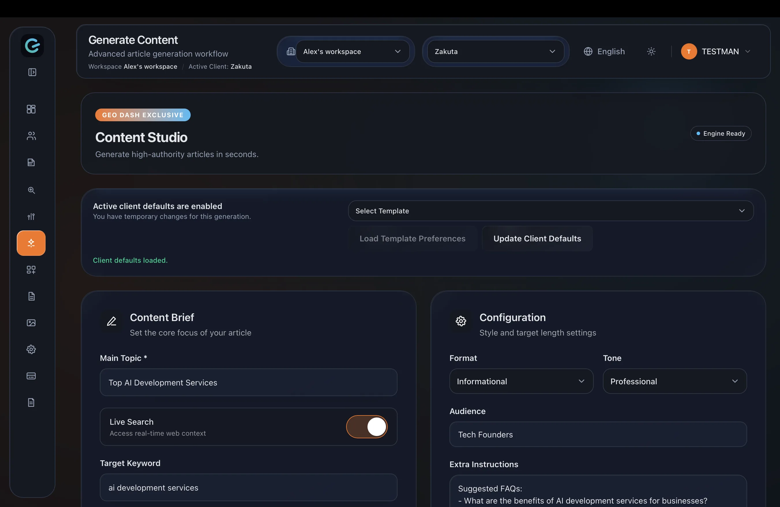 Geo Dash Content Studio with content brief, configuration, and live search toggle